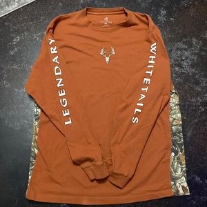 Legendary Whitetails long sleeve tee, burnt orange with camo, Mens XL